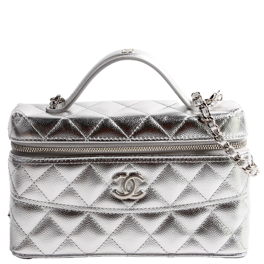 Slim Vanity Case With Chain Metallic Caviar RFID Silver