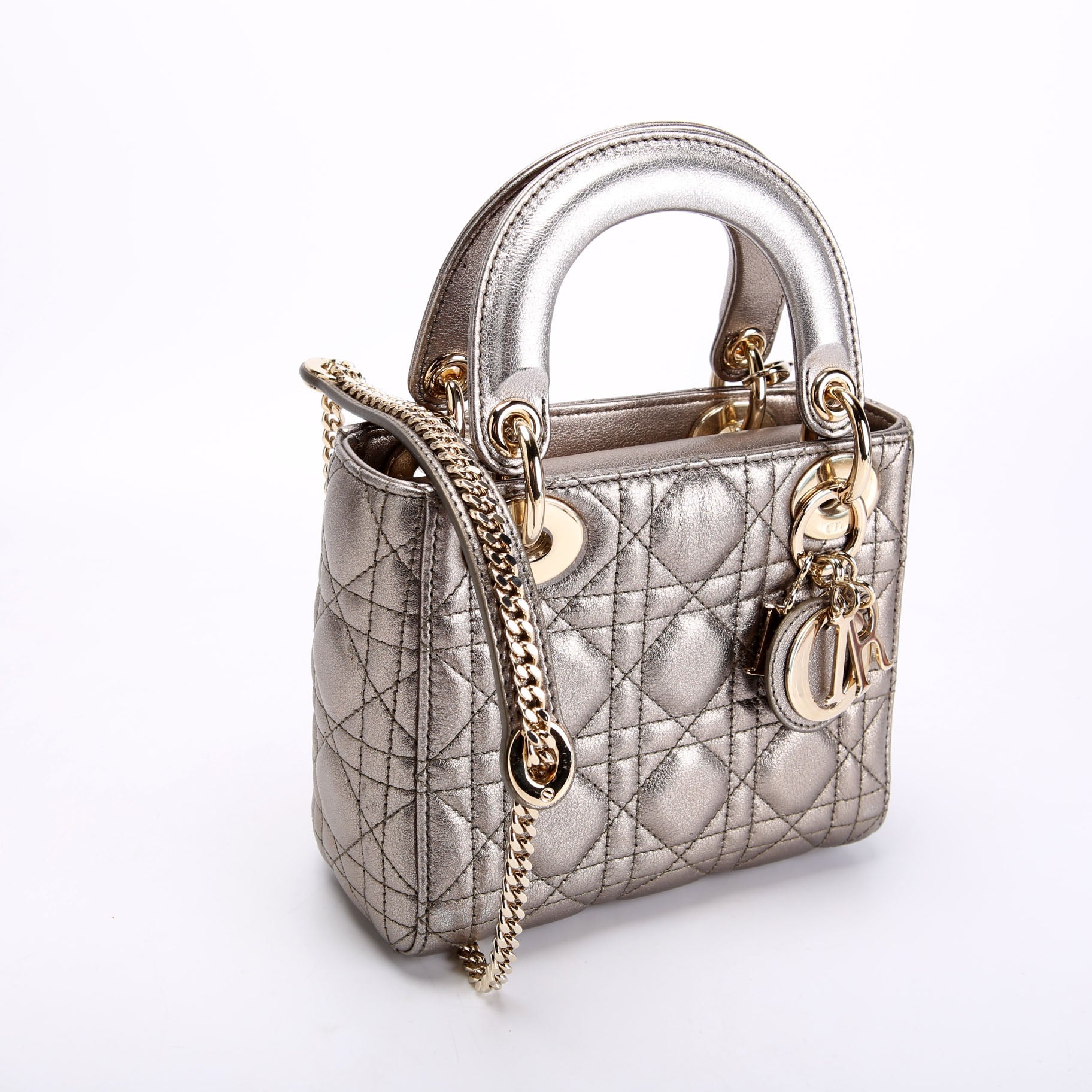 Lady Dior Mini Metallic Lambskin Silver