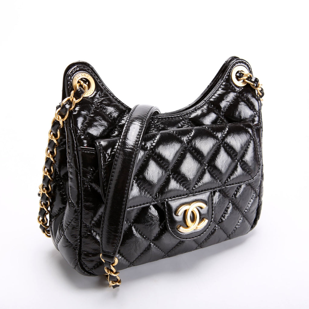 Wavy CC Hobo Crmpled Calfskin Small RFID Black