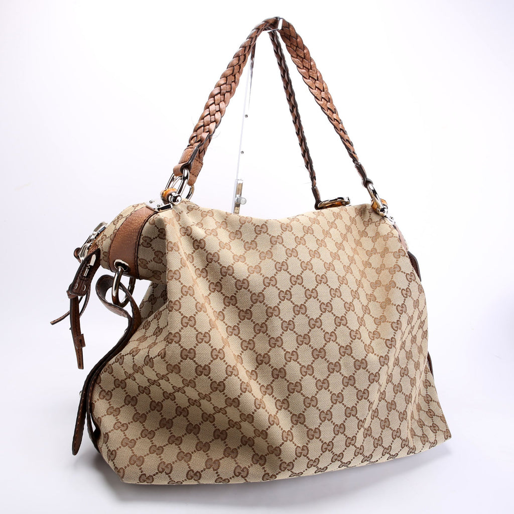 232927 Bamboo Car Large GG Canvas Shoulder Bag Brown