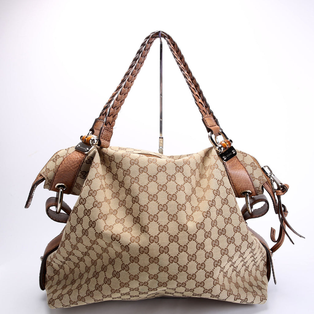 232927 Bamboo Car Large GG Canvas Shoulder Bag Brown