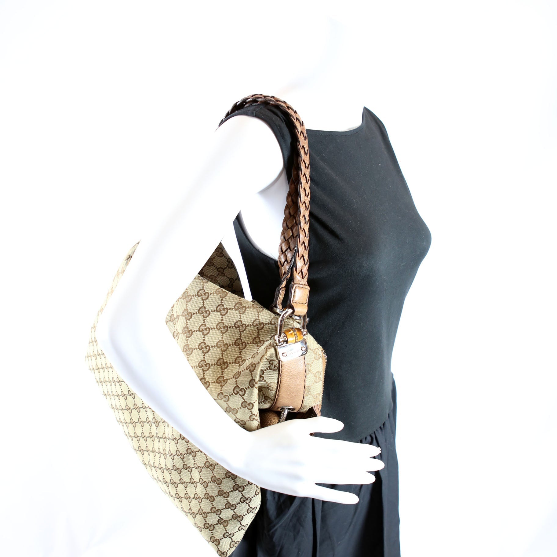 232927 Bamboo Car Large GG Canvas Shoulder Bag Brown
