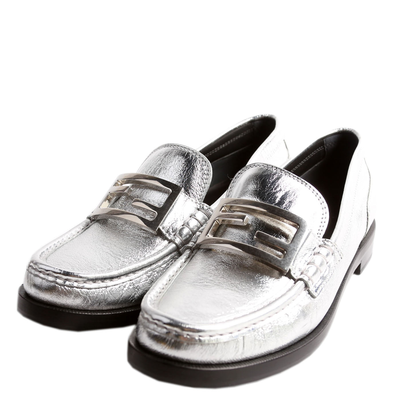 Fendi Metallic Vitello Baguette Loafers Size 39.5 Silver