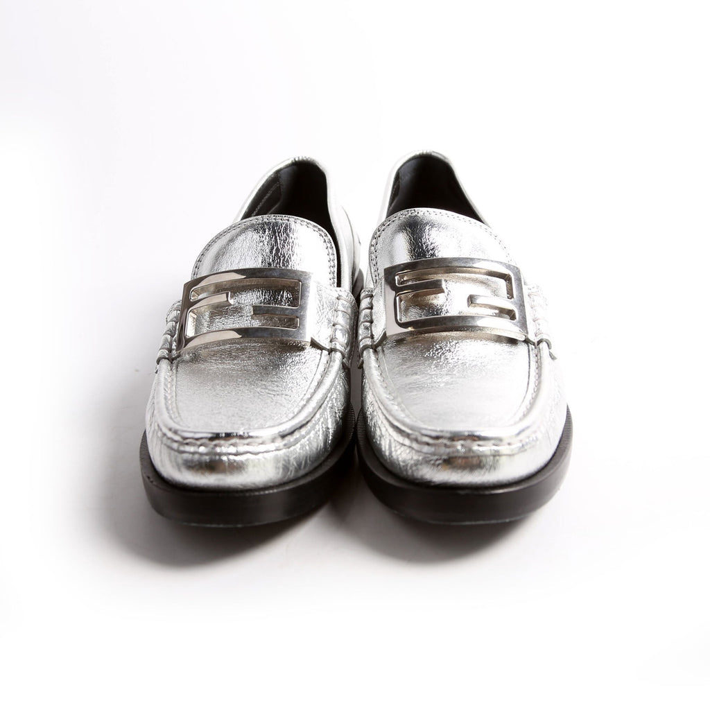 Fendi Metallic Vitello Baguette Loafers Size 39.5 Silver