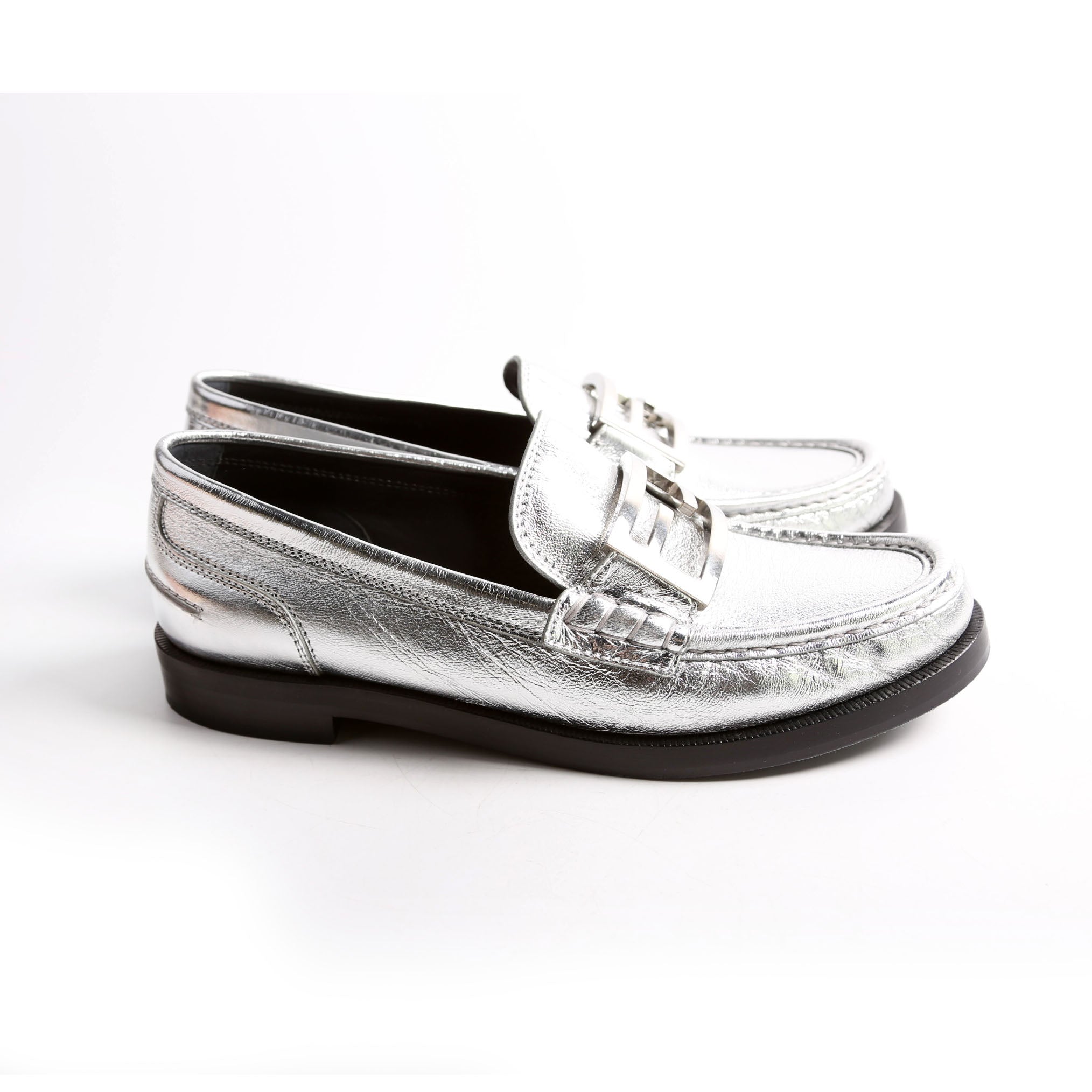 Fendi Metallic Vitello Baguette Loafers Size 39.5 Silver
