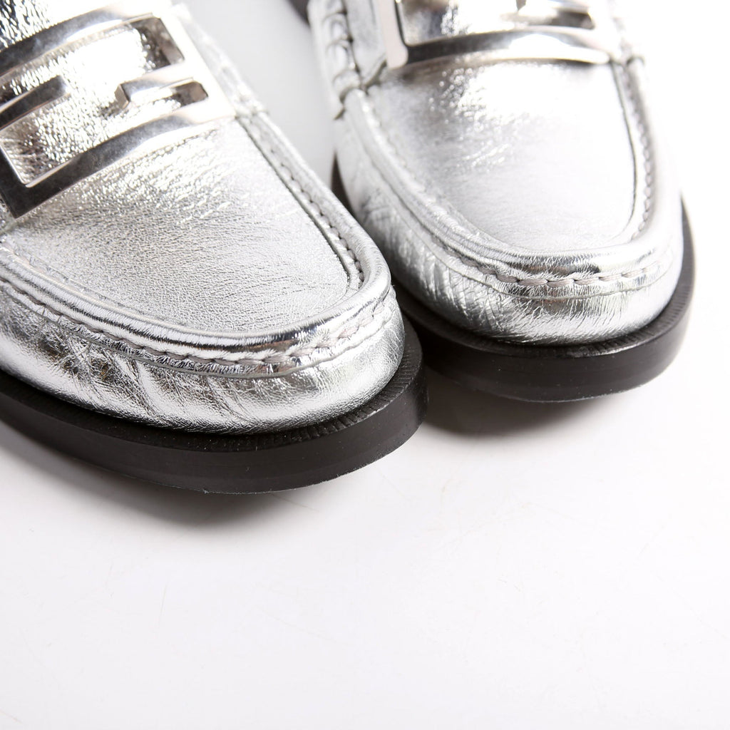 Fendi Metallic Vitello Baguette Loafers Size 39.5 Silver