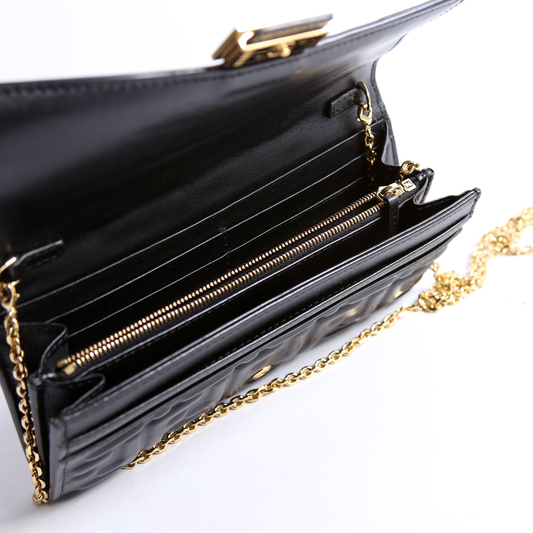 Fendi 8M0365 FF Embossed Wallet On Chain Black