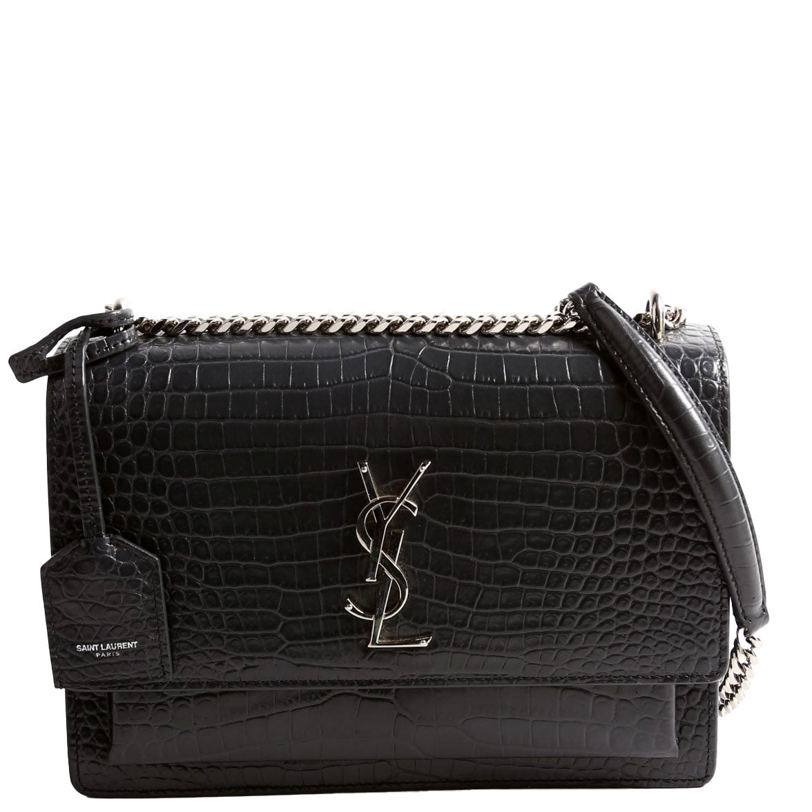 SAINT LAURENT Sunset Medium Crocodile Embossed 442906 Gray/Silver
