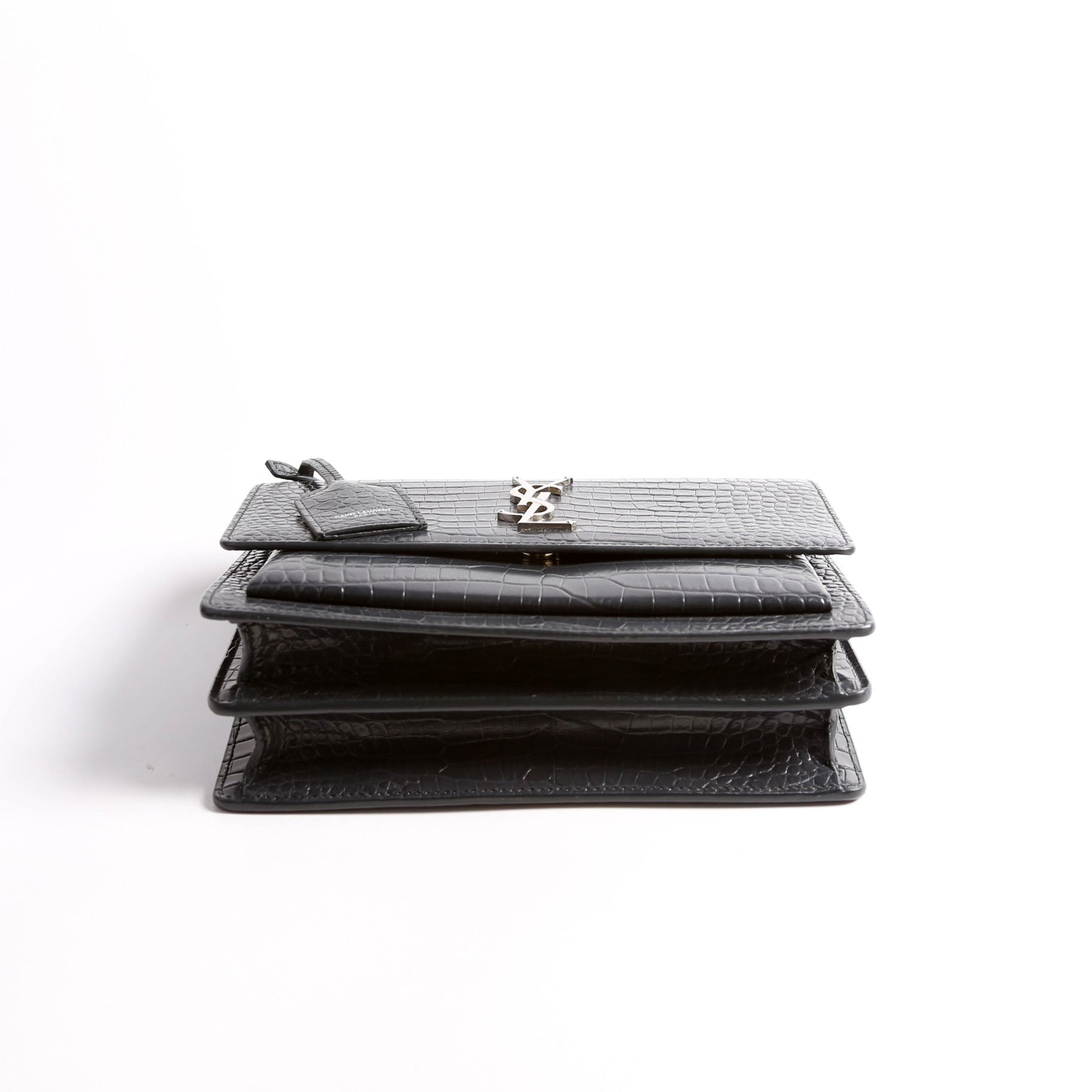 SAINT LAURENT Sunset Medium Crocodile Embossed 442906 Gray/Silver