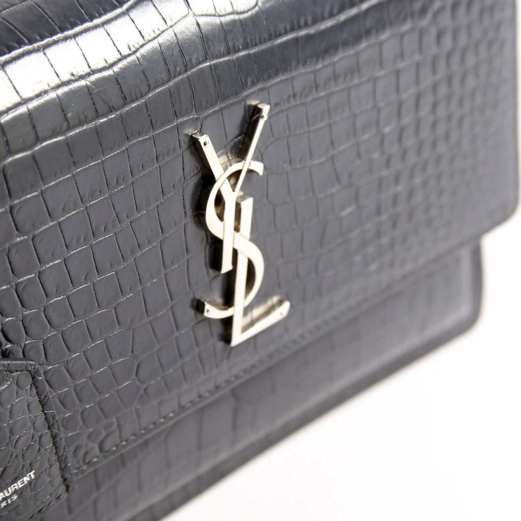 SAINT LAURENT Sunset Medium Crocodile Embossed 442906 Gray/Silver
