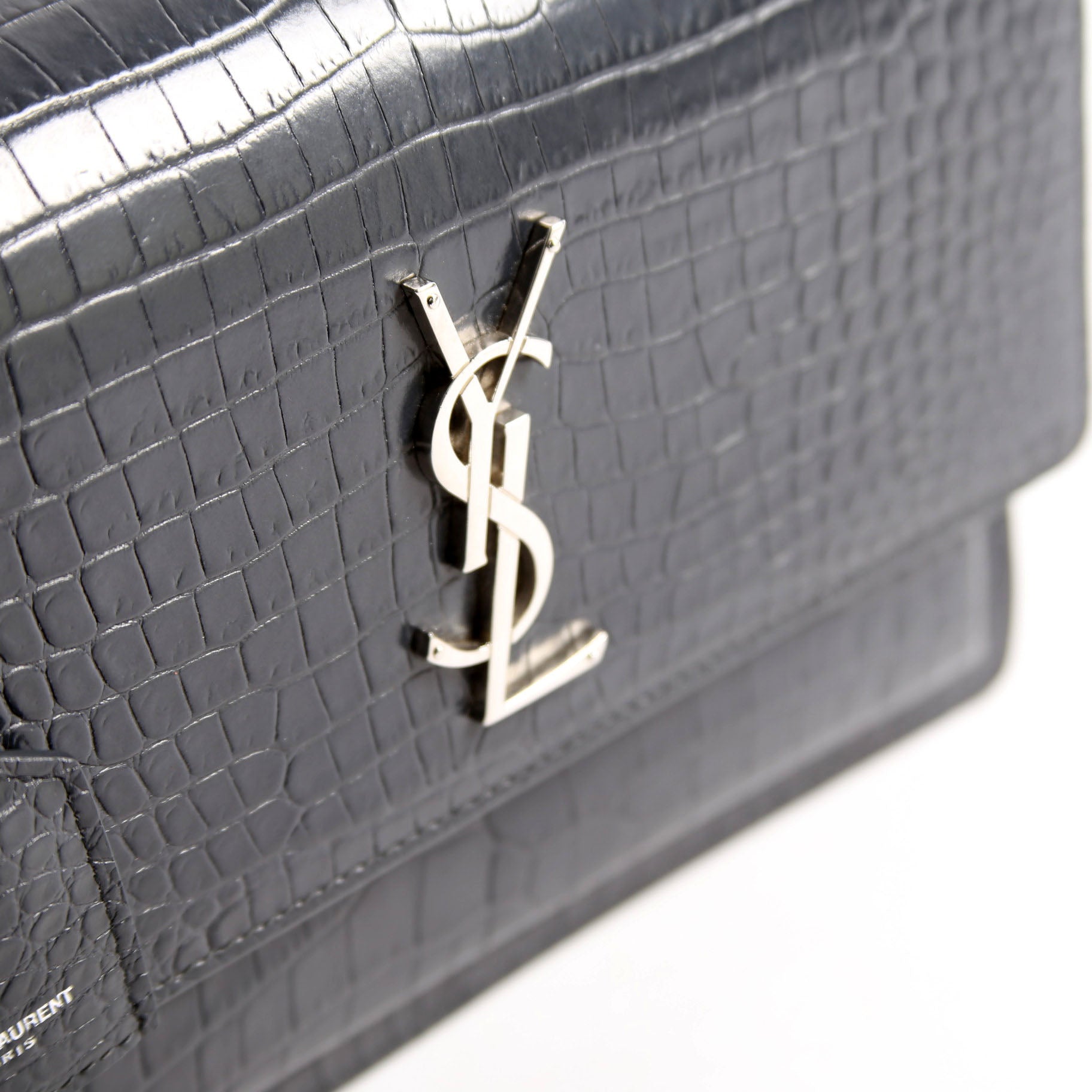 SAINT LAURENT Sunset Medium Crocodile Embossed 442906 Gray/Silver