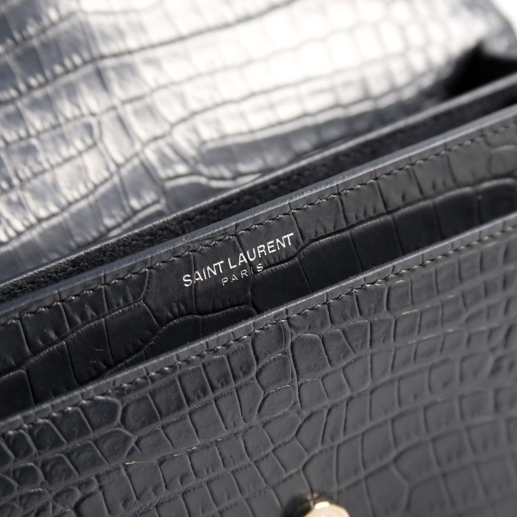 SAINT LAURENT Sunset Medium Crocodile Embossed 442906 Gray/Silver
