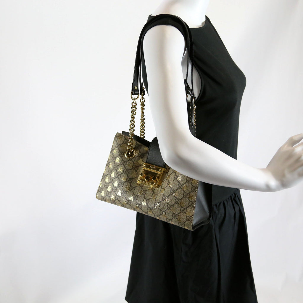 498156 Padlock GG Bee Small Tote Beige/Black