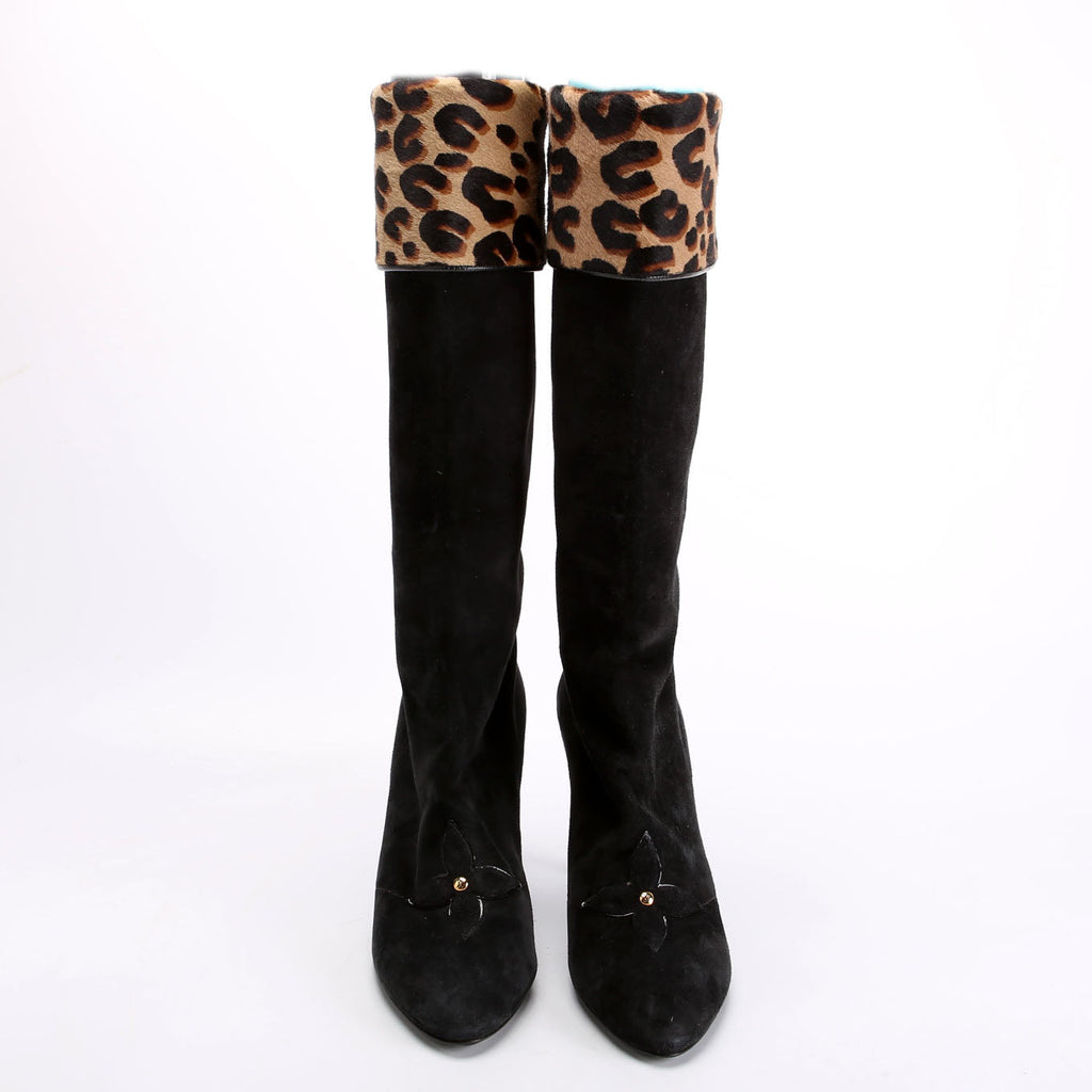 Suede Ponyhair Heel Boots Size 38 Leopard/Black