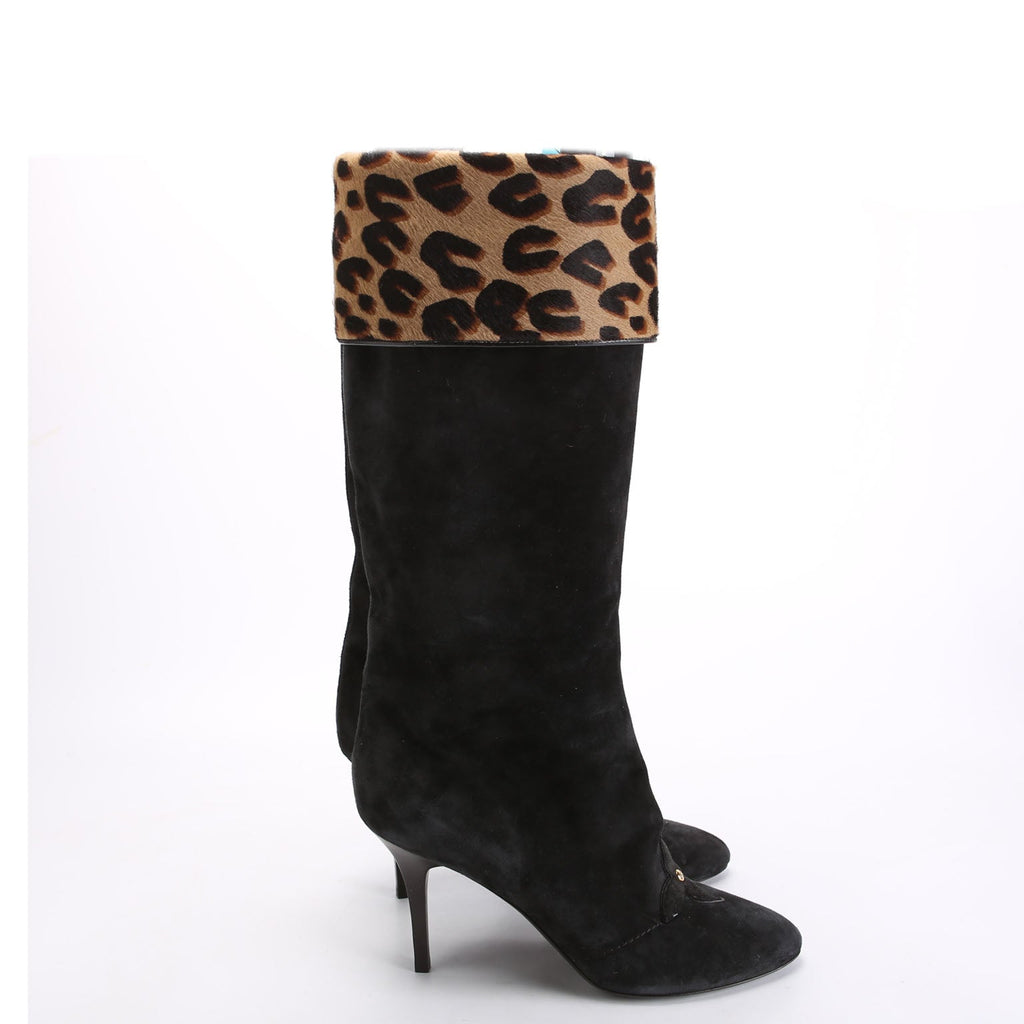 Suede Ponyhair Heel Boots Size 38 Leopard/Black