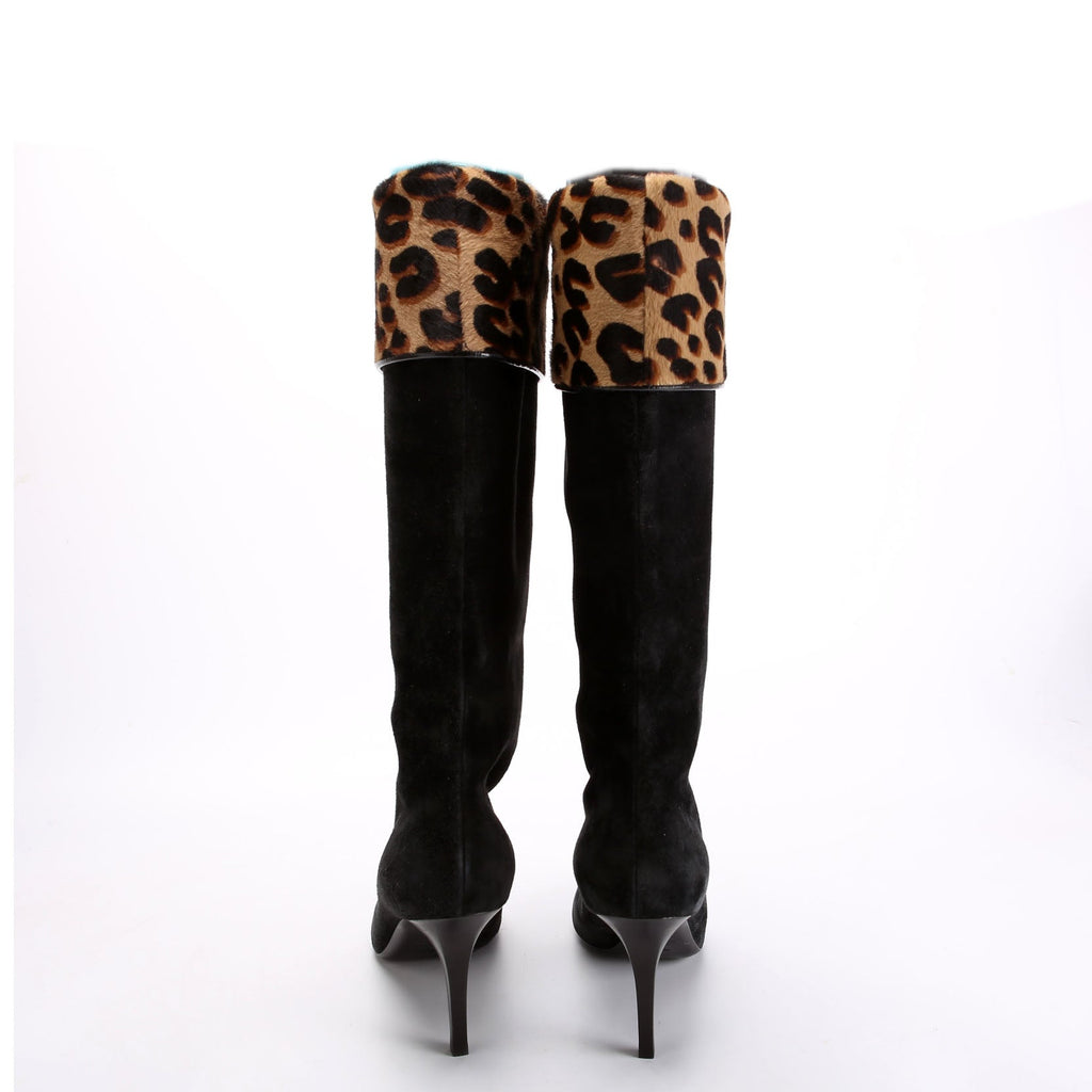 Suede Ponyhair Heel Boots Size 38 Leopard/Black