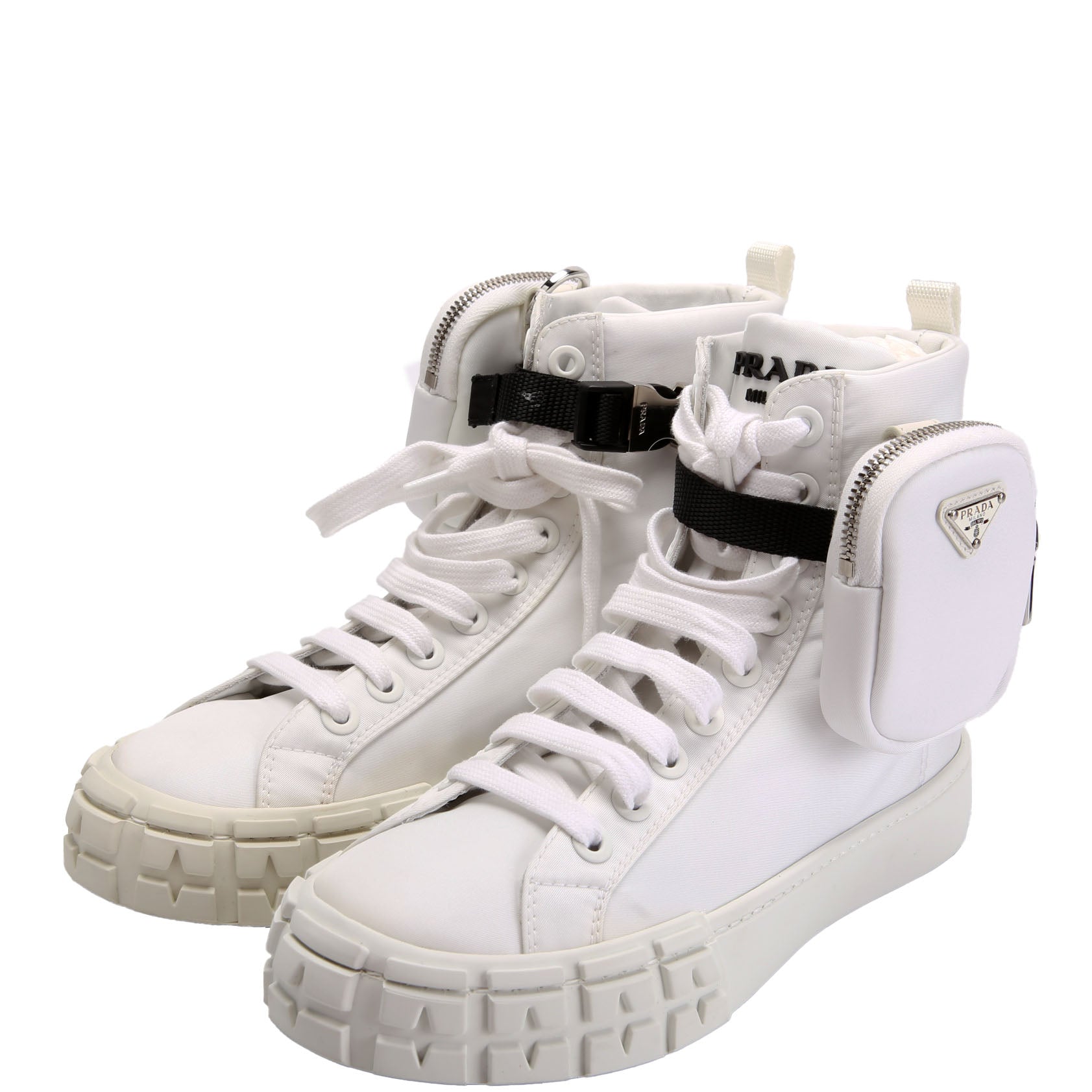 Prada Wheel Pouch Re-Nylon High Top Sneakers Size 38 White