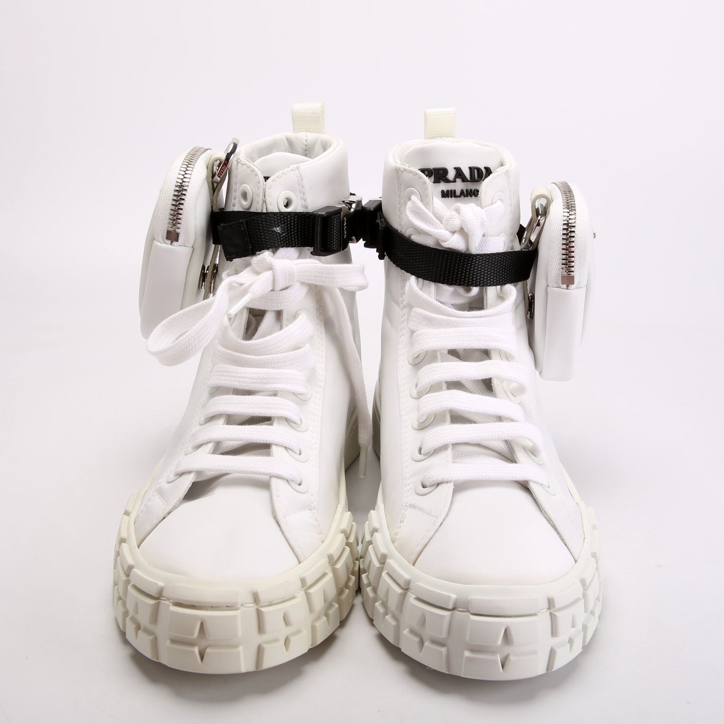 Prada Wheel Pouch Re-Nylon High Top Sneakers Size 38 White