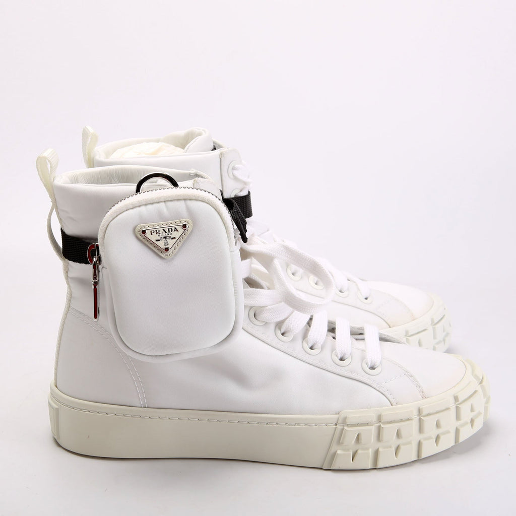 Prada Wheel Pouch Re-Nylon High Top Sneakers Size 38 White