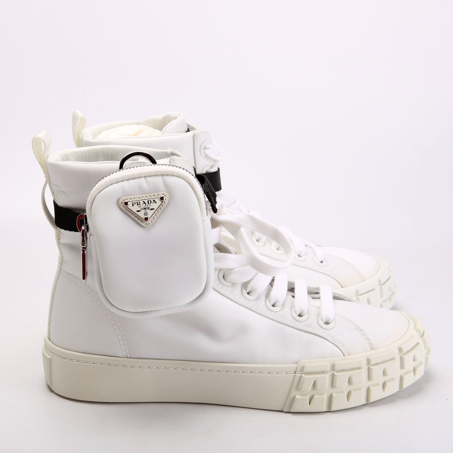 Prada Wheel Pouch Re-Nylon High Top Sneakers Size 38 White