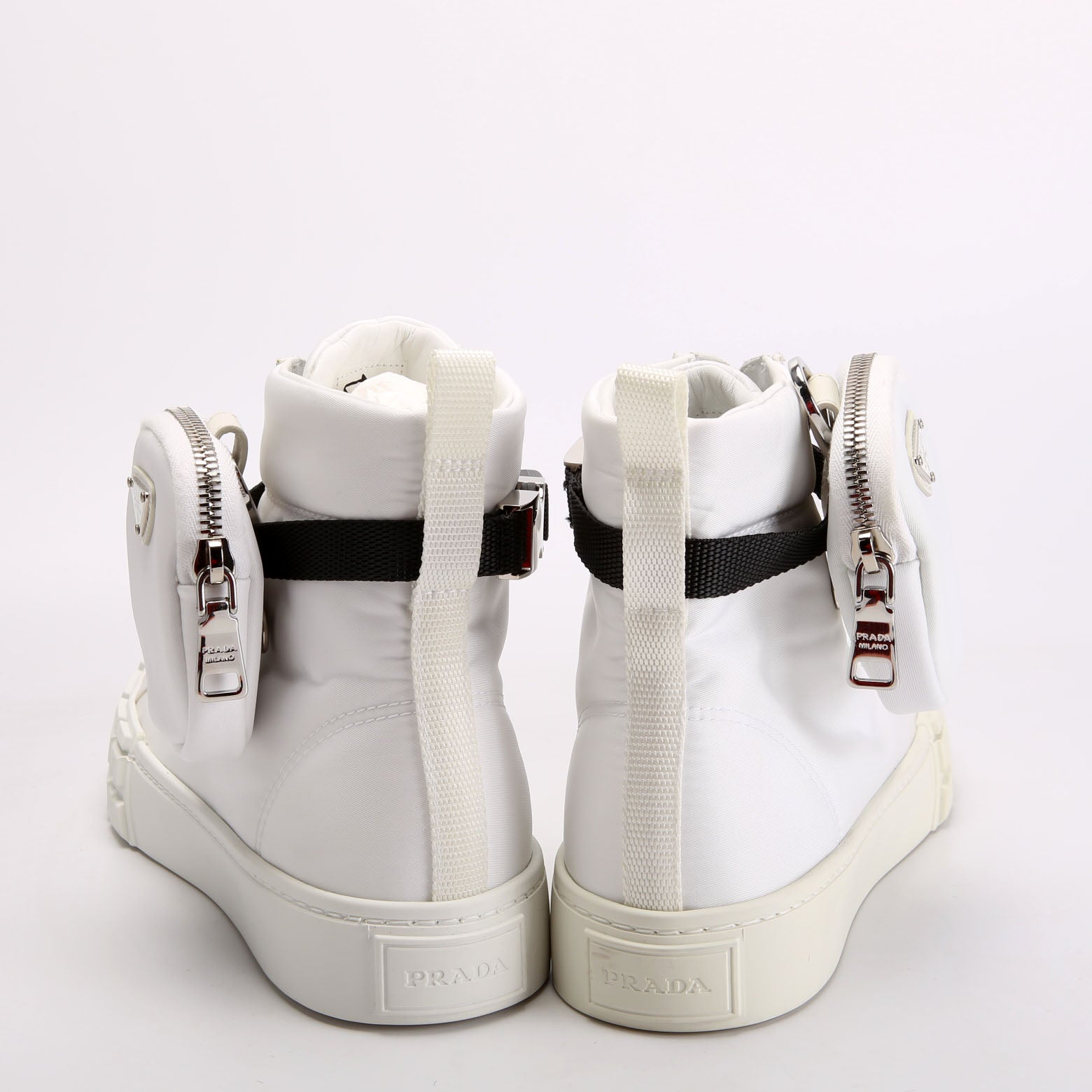 Prada Wheel Pouch Re-Nylon High Top Sneakers Size 38 White