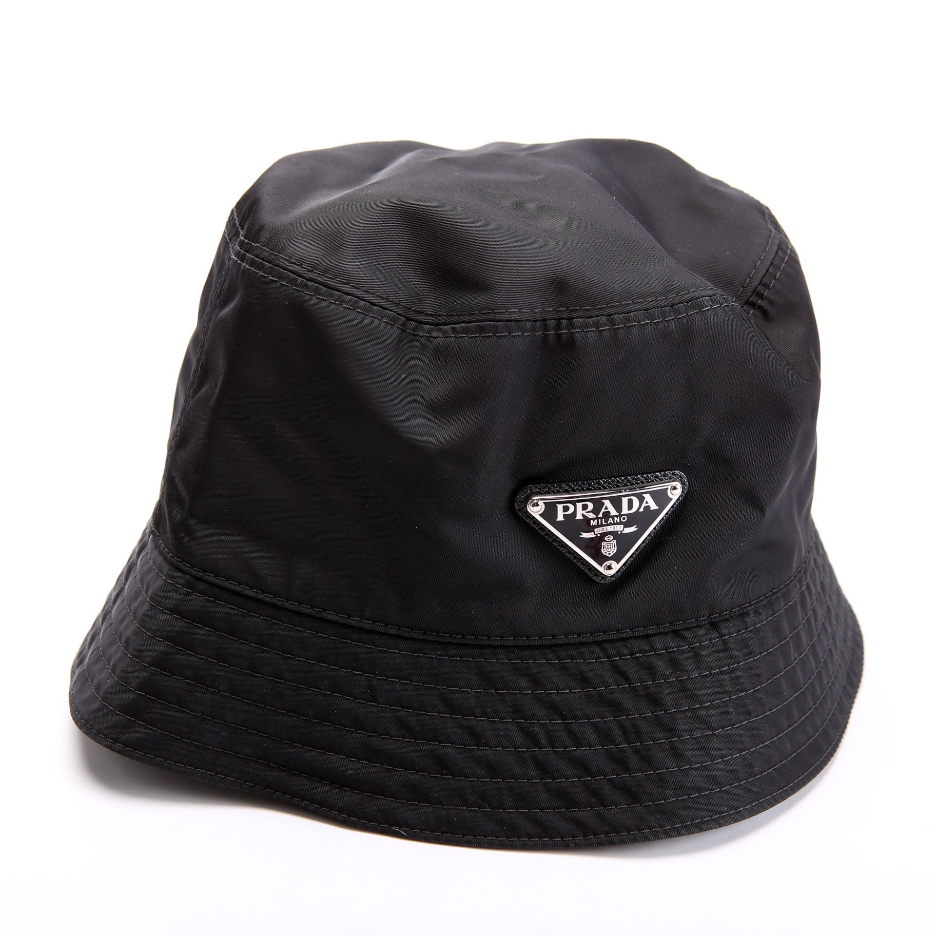 Prada 1HC137 Re-Nylon Triangle Logo Bucket Hat Size Medium Black