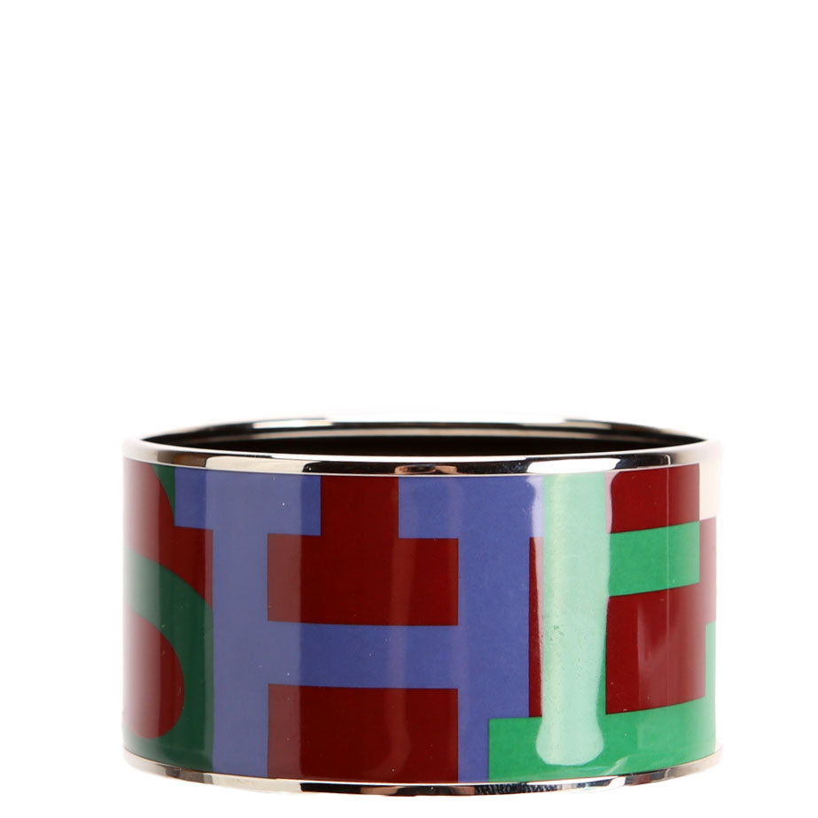 Hermes Printed Enamel Bangle Extra Wide Bracelet Silver/Multicolor