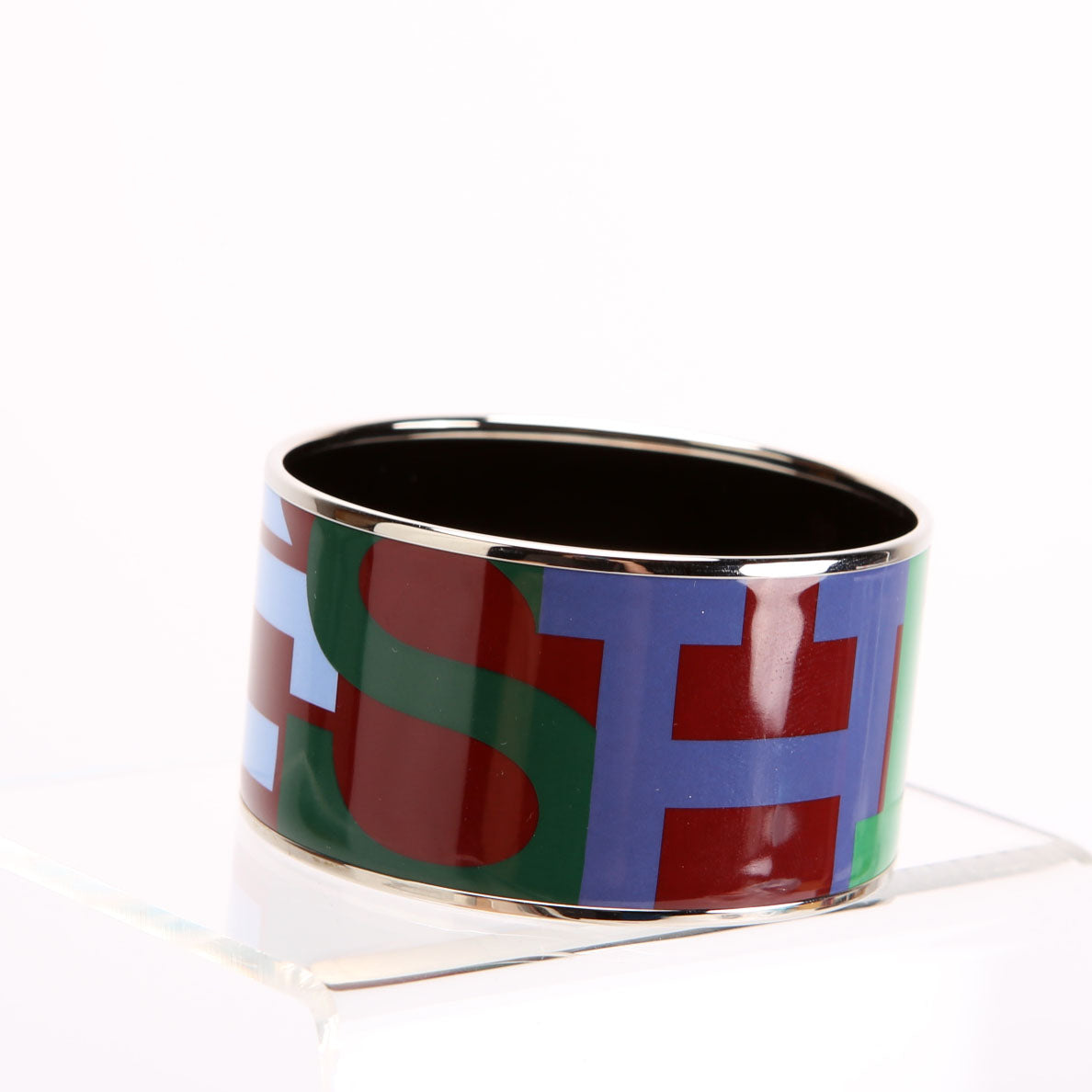 Hermes Printed Enamel Bangle Extra Wide Bracelet Silver/Multicolor