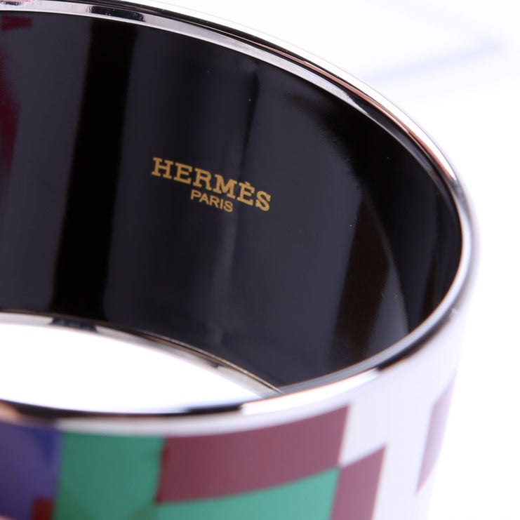 Hermes Printed Enamel Bangle Extra Wide Bracelet Silver/Multicolor