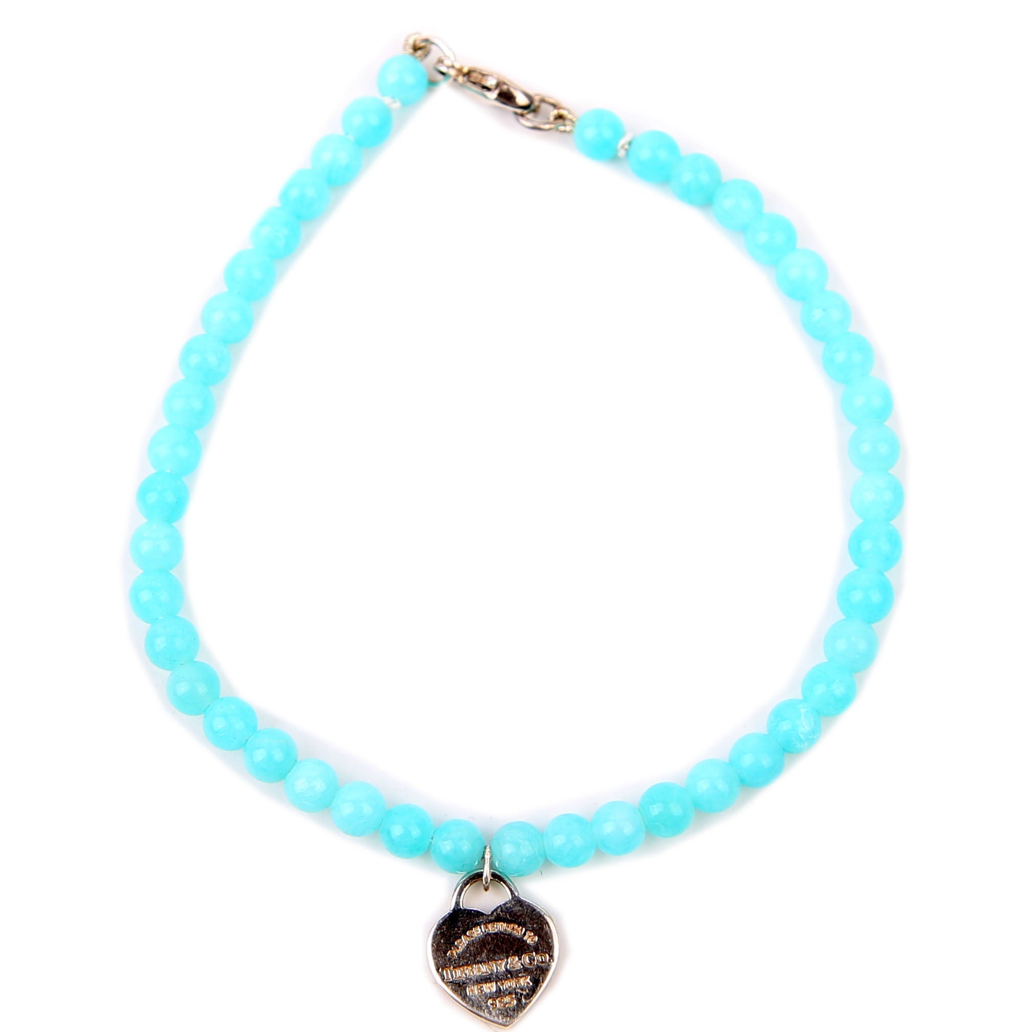 Heart Tag Amazonite 4MM Beaded Bracelet 925 Blue/Silver