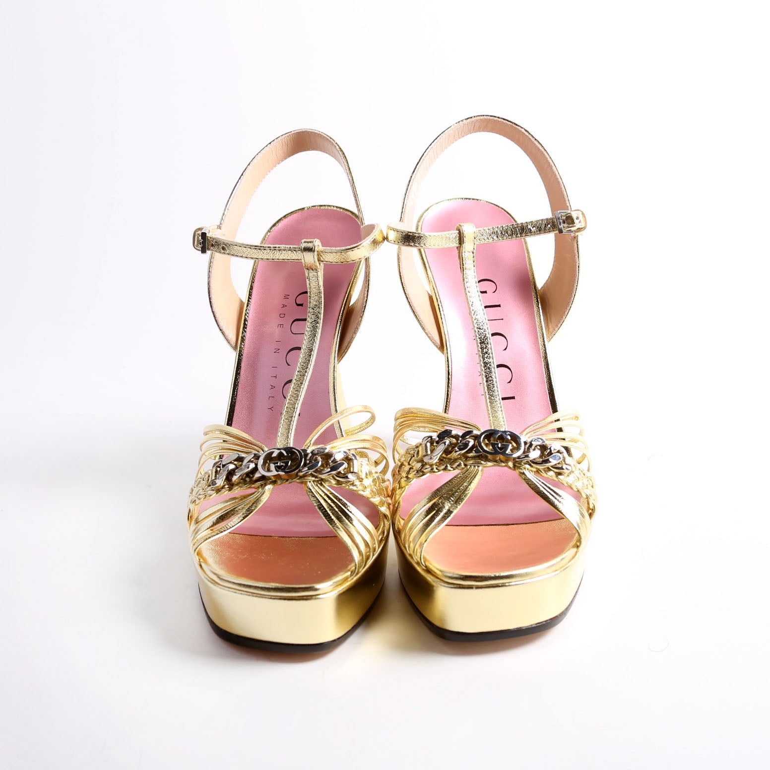Logo Chain Strappy Platform Sandal Heels