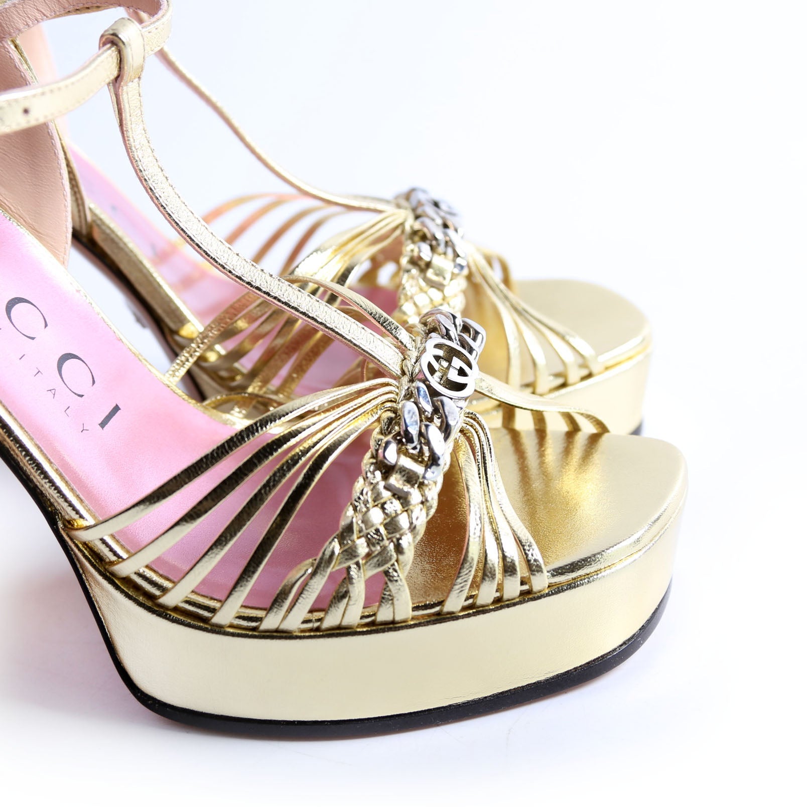 Logo Chain Strappy Platform Sandal Heels