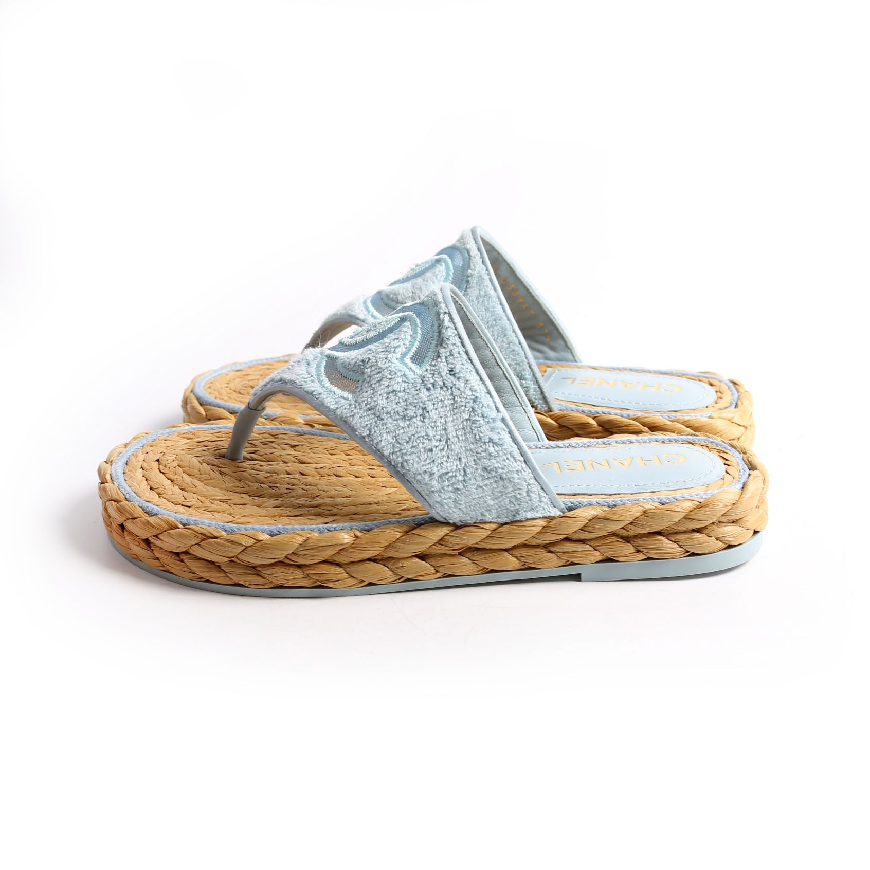 CC Terry Cloth Raffia Thong Sandals Size 37.5 Light Blue/Beige