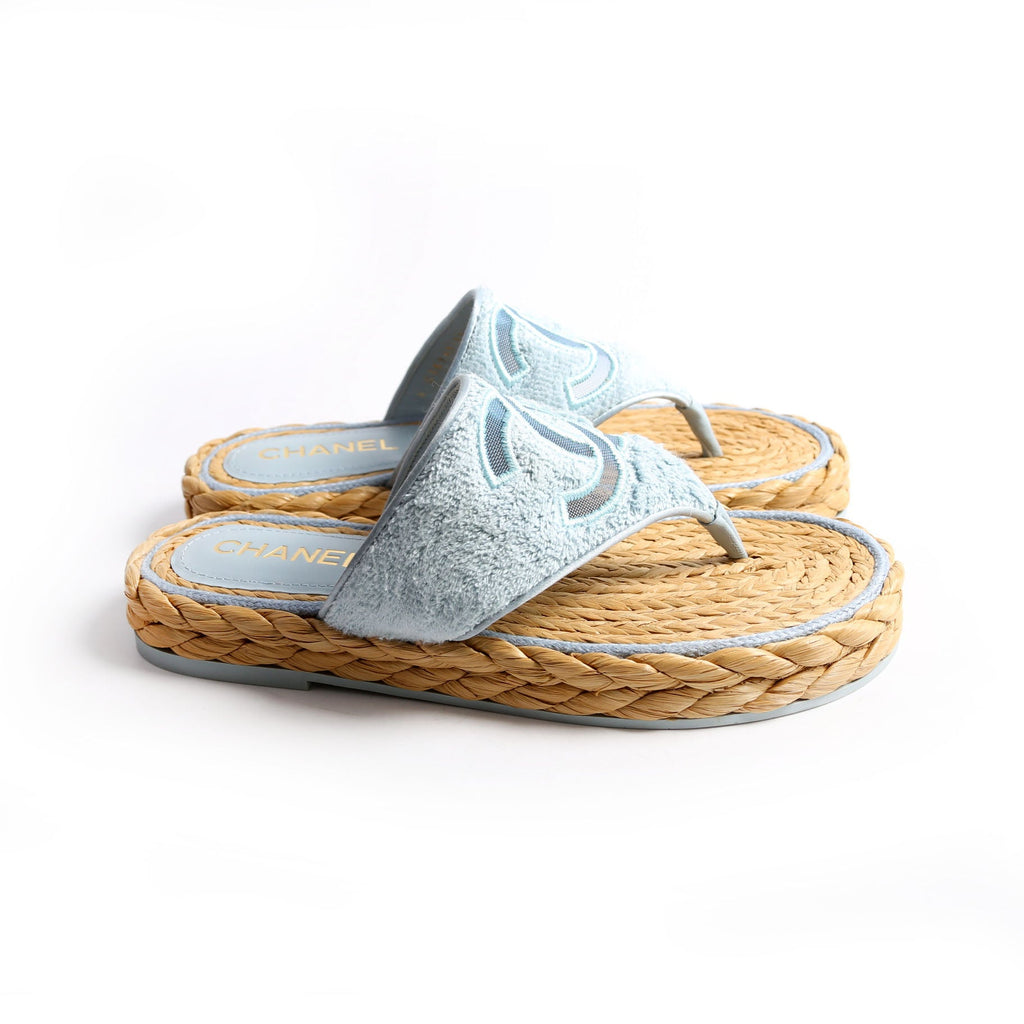 CC Terry Cloth Raffia Thong Sandals Size 37.5 Light Blue/Beige