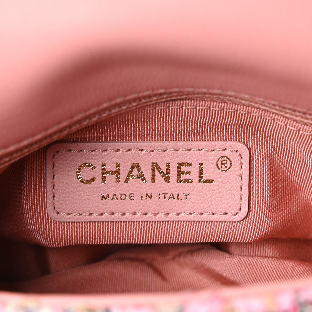 Chanel Tweed Mini Pearl Handle Flap Pink Beige Orange Ecru