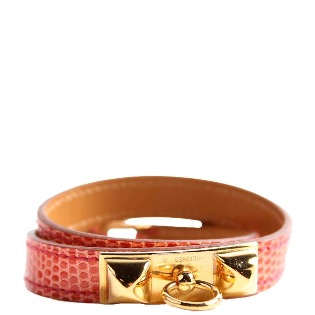 Hermes Kelly Double Tour Lizard Leather Bracelet Pink/Gold