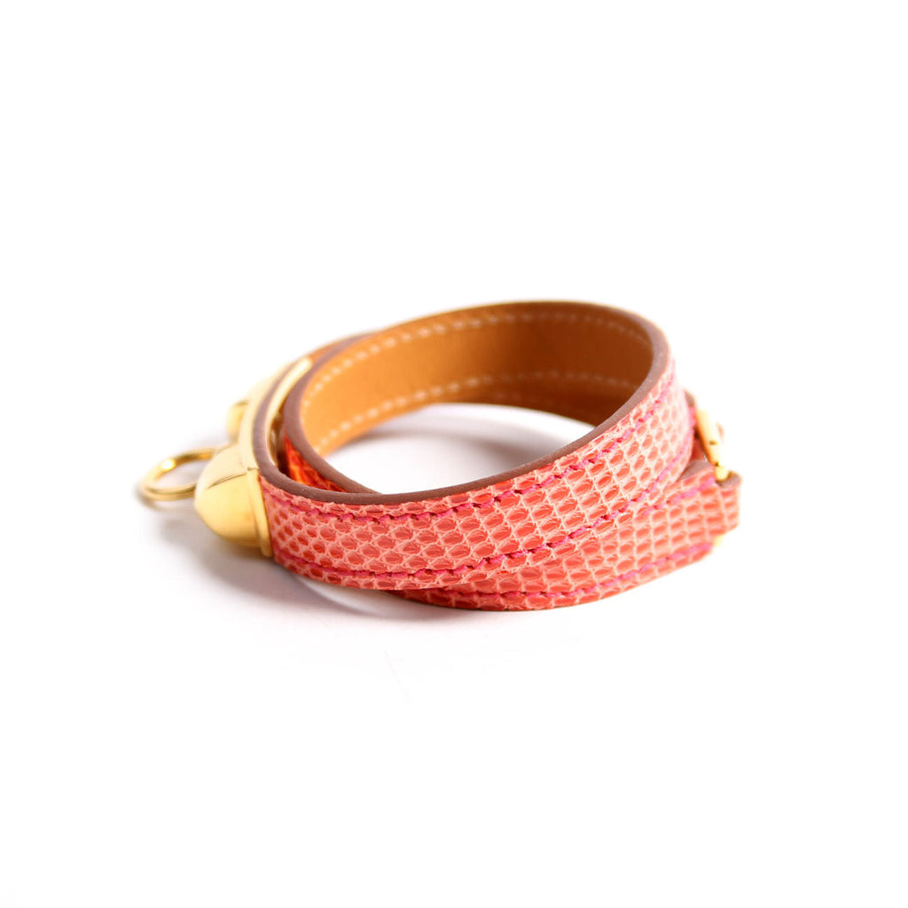 Hermes Kelly Double Tour Lizard Leather Bracelet Pink/Gold