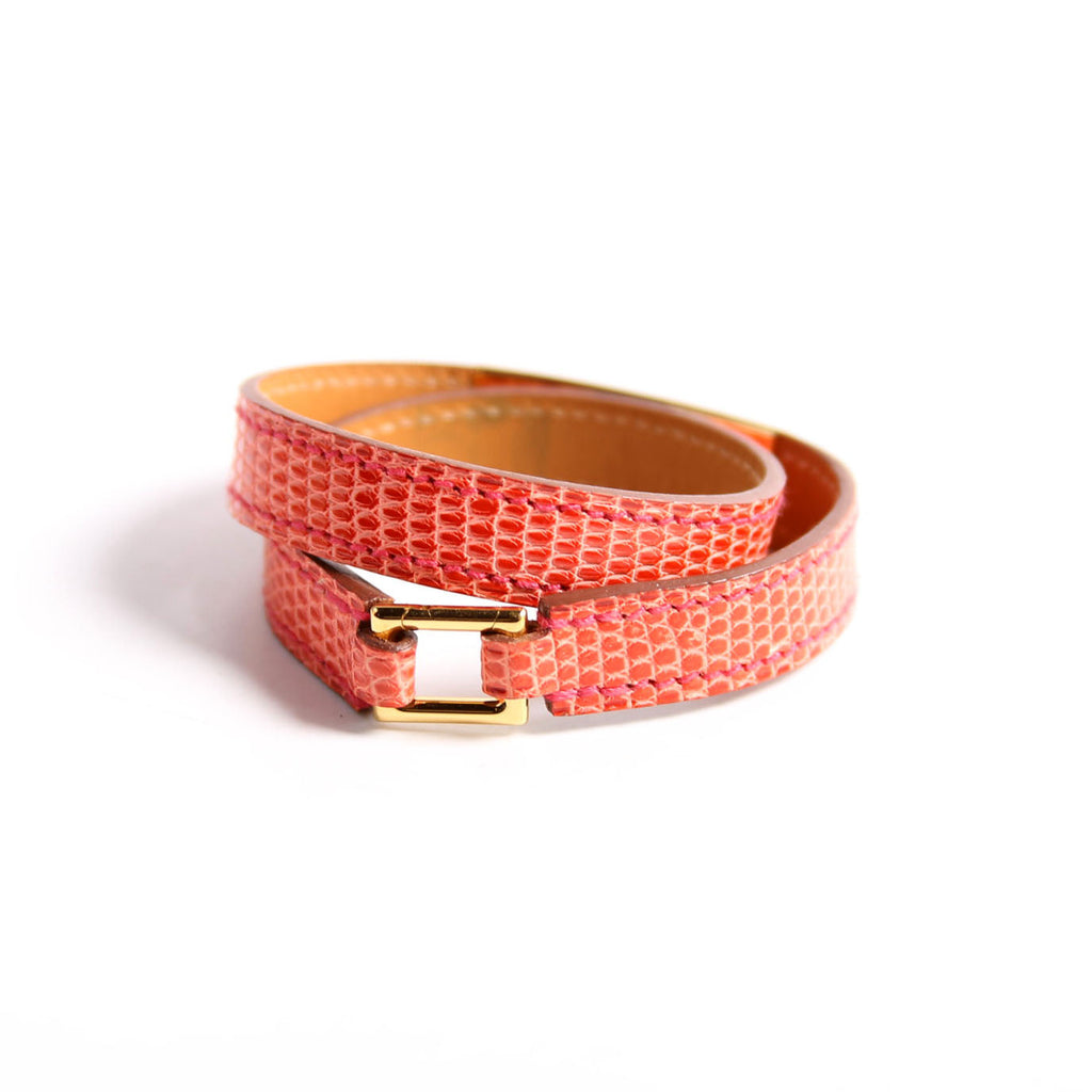 Hermes Kelly Double Tour Lizard Leather Bracelet Pink/Gold