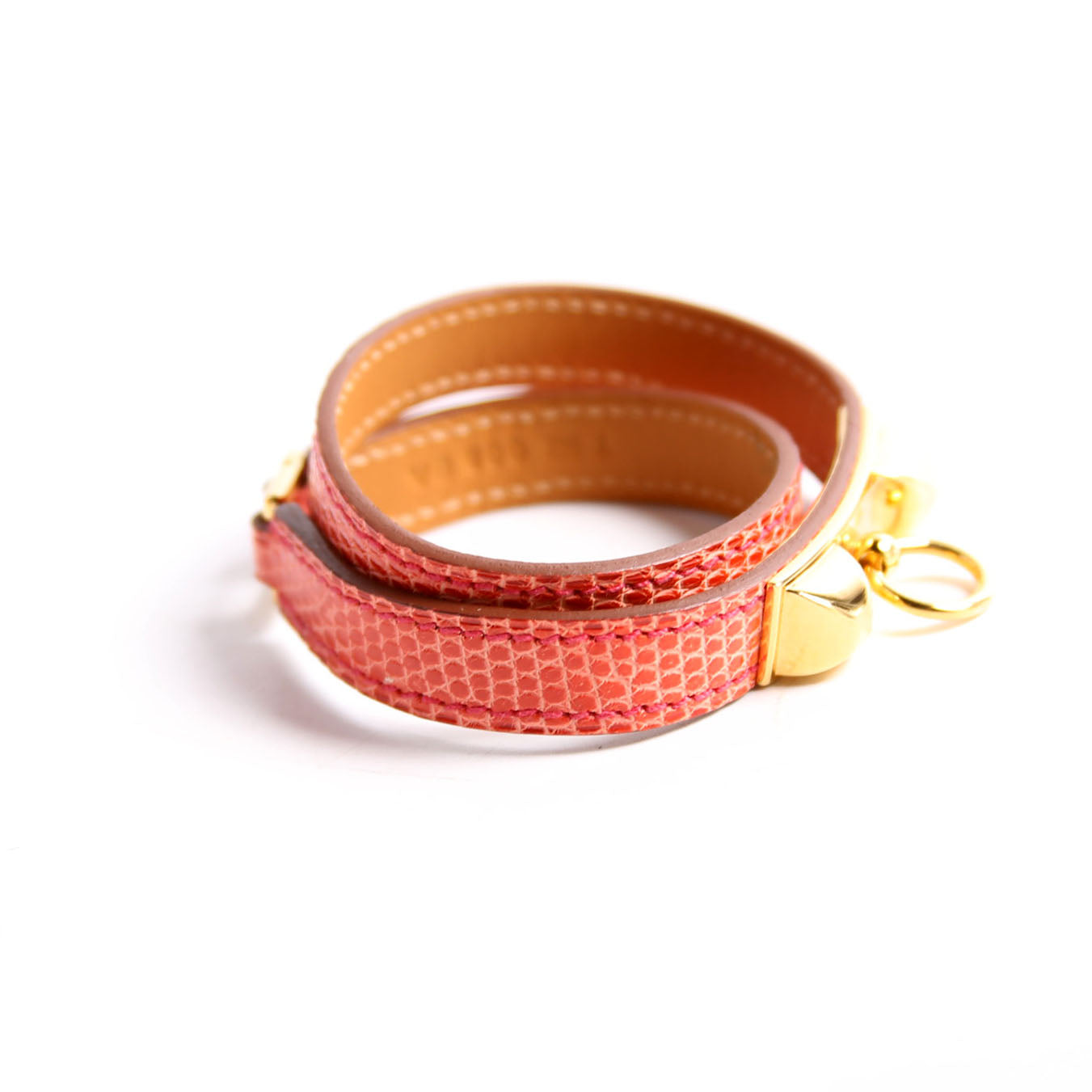 Hermes Kelly Double Tour Lizard Leather Bracelet Pink/Gold