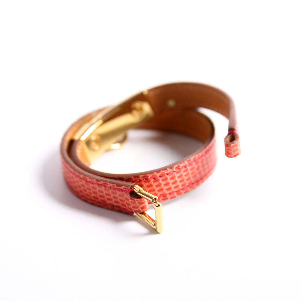 Hermes Kelly Double Tour Lizard Leather Bracelet Pink/Gold
