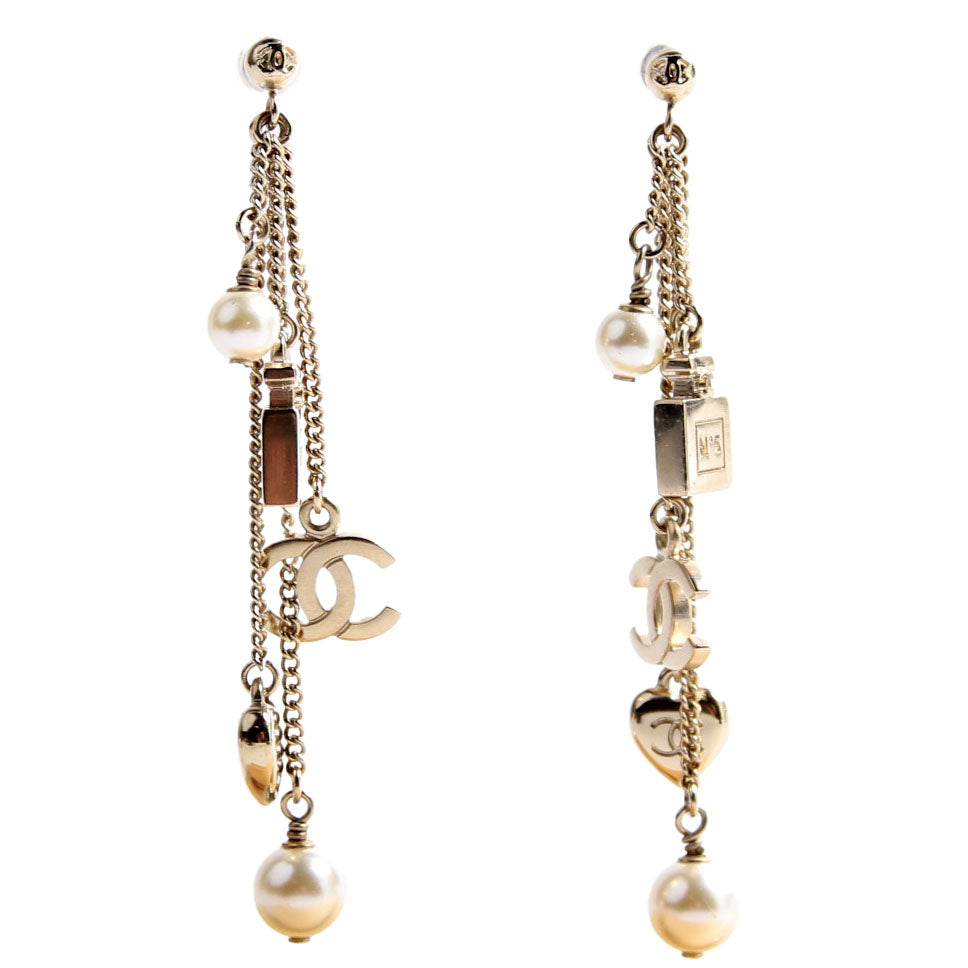 CC Pearl Charm Dangle Earrings Gold/Pearl