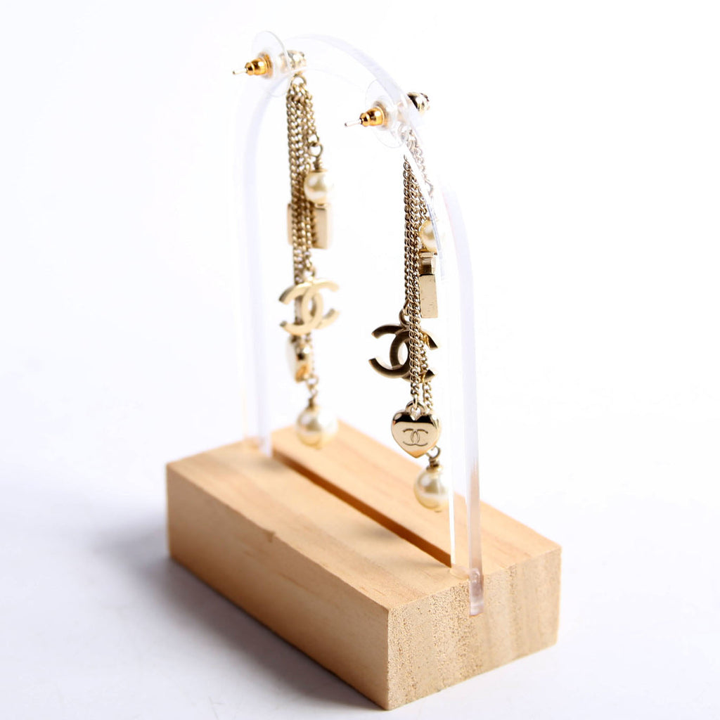 CC Pearl Charm Dangle Earrings Gold/Pearl