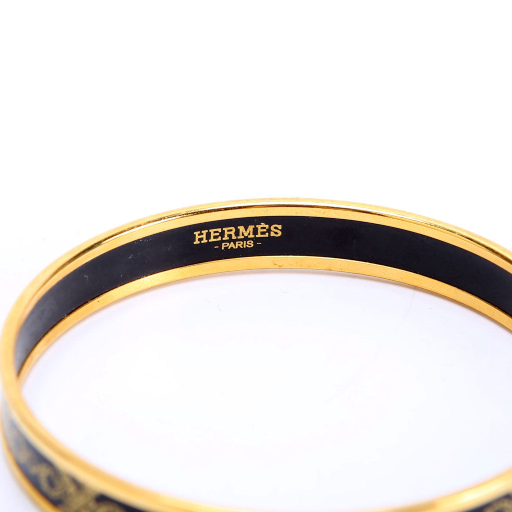 Printed Enamel Narrow Bangle Bracelet Gold/Black