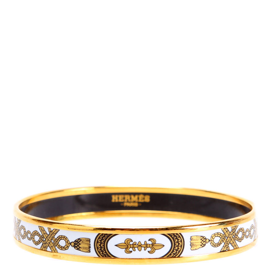 Printed Enamel Narrow Bangle Bracelet Gold/White