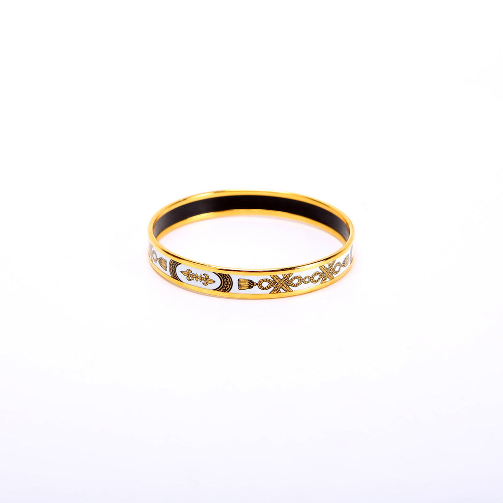 Printed Enamel Narrow Bangle Bracelet Gold/White