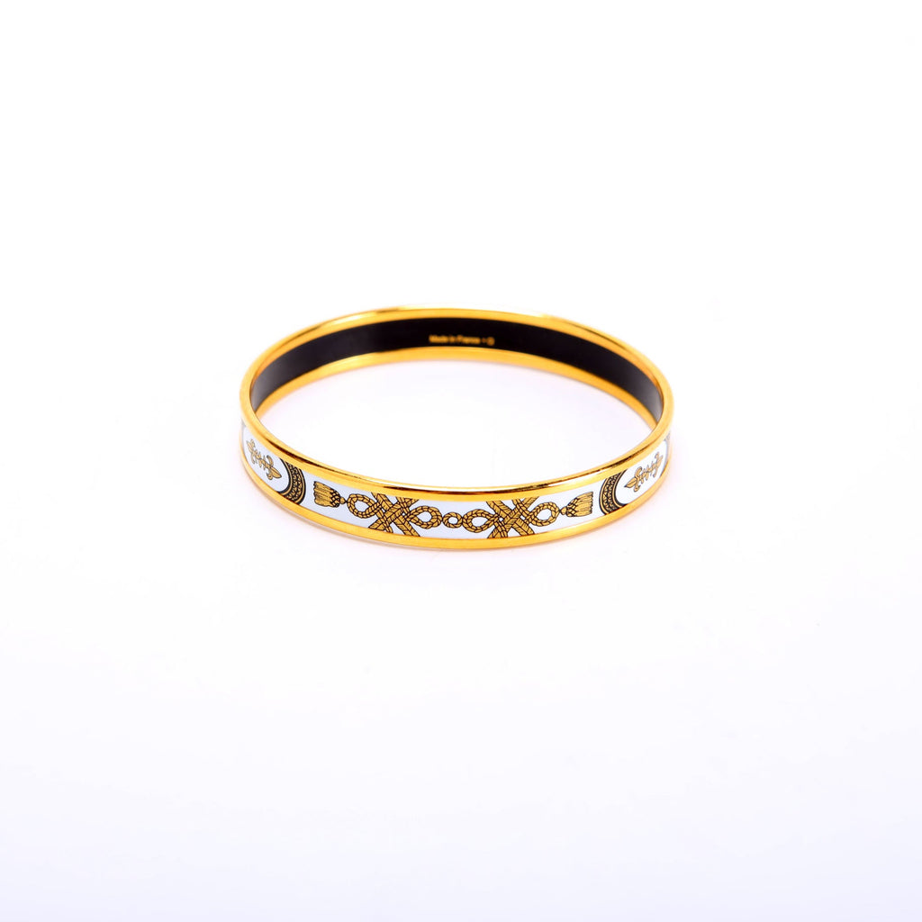 Printed Enamel Narrow Bangle Bracelet Gold/White