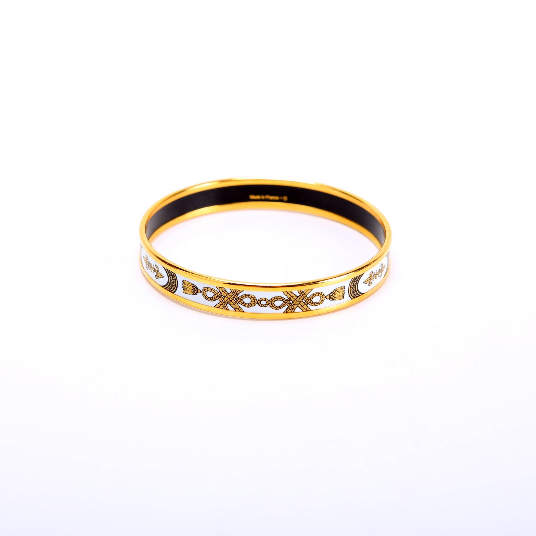 Printed Enamel Narrow Bangle Bracelet Gold/White