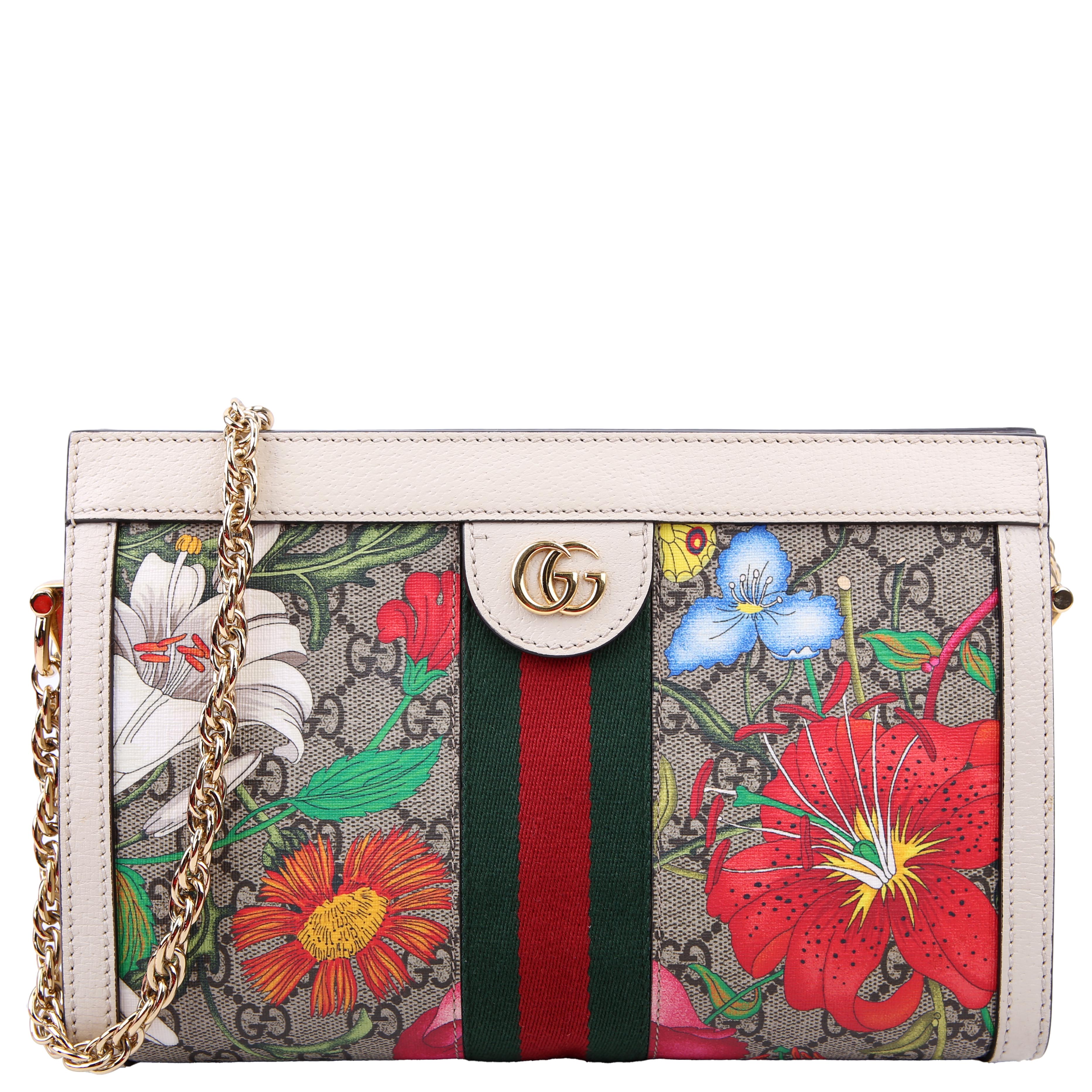 Gucci 503877 GG Supreme Flora Ophidia Small Chain White