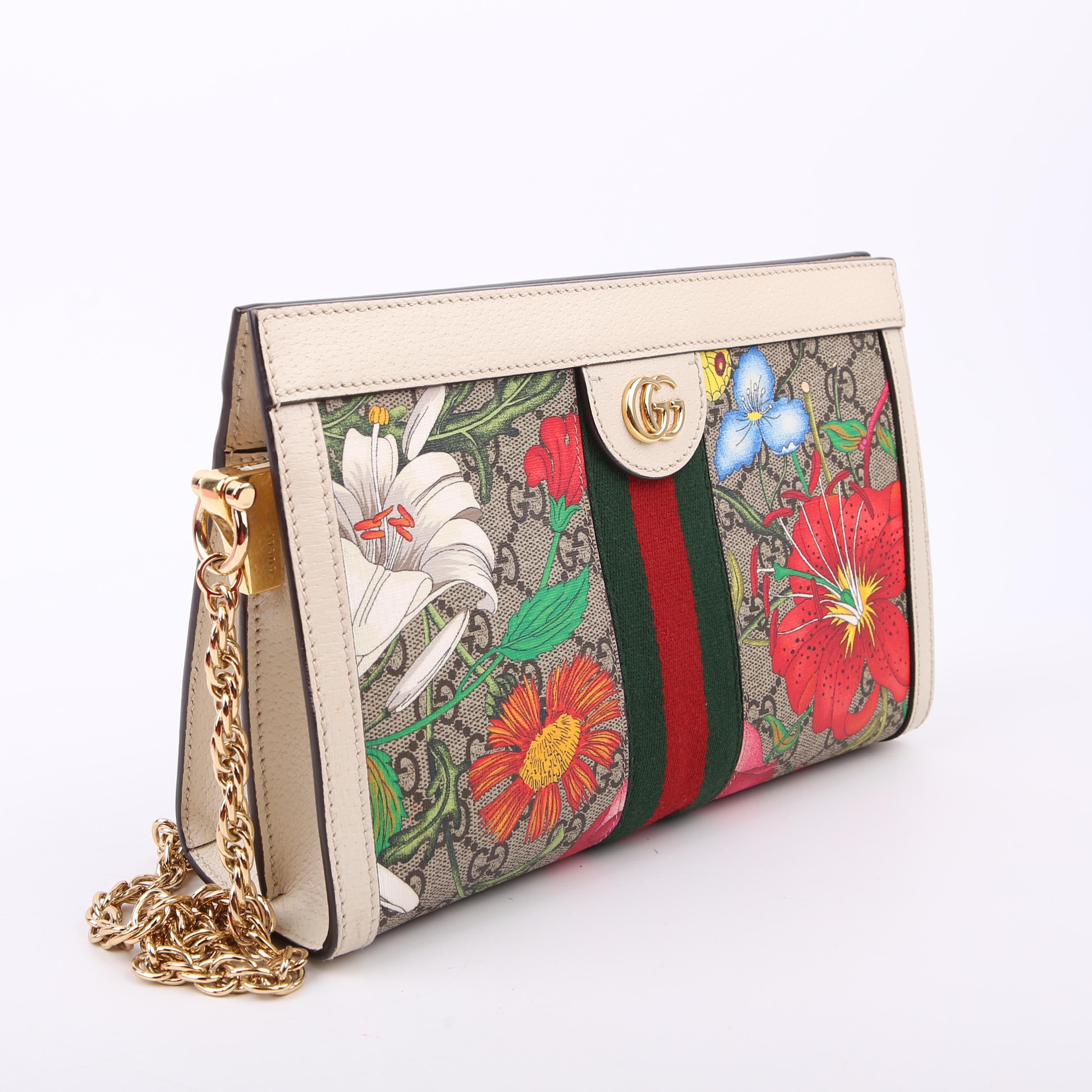 Gucci 503877 GG Supreme Flora Ophidia Small Chain White