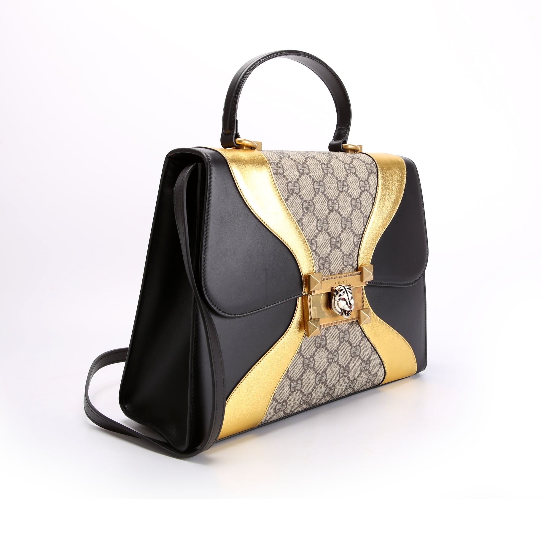 Gucci 476435 GG Supreme/Leather Osiride Medium Top Handle Bag Black